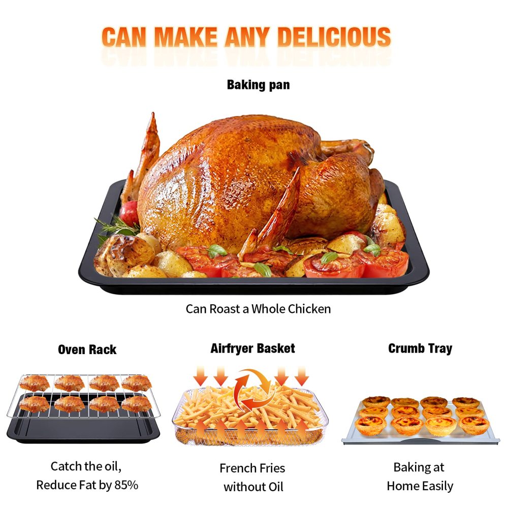 Used Air Fryer Toaster Oven 26 QT, Large Air Fryer Convection Countertop Oven Combo with Easy Bake, Roast, Broil, Warm, 6 Slice Toast 7-in-1 Functions, 3 Layers with 4 Accessories, Stainless Steel