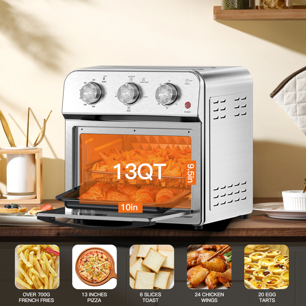 Family Size Air Fryer Toaster Oven Combo,13QT,360° Hot Air Circulation for Healthy Oil-Free Cooking, Multifunctional Convection Contertop Oven, Adjustable Time & Temp Control, Stainless Steel