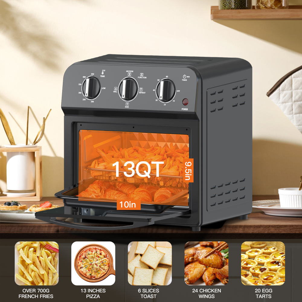 Air Fryer, 13QT Multifunctional Convection Toaster Oven Air Fryer Combo, 360° Hot Air Circulation for Healthy Oil-Free Cooking, Adjustable Time & Temp Control, Black Oven