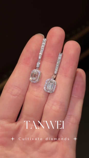 18K White Gold Elegant Emerald Cut Lab  Diamond Dangle Earrings