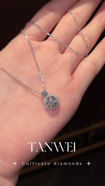 18K  White Gold Lab-Grown Round Brilliant Cut Diamond Halo Pendant Necklace