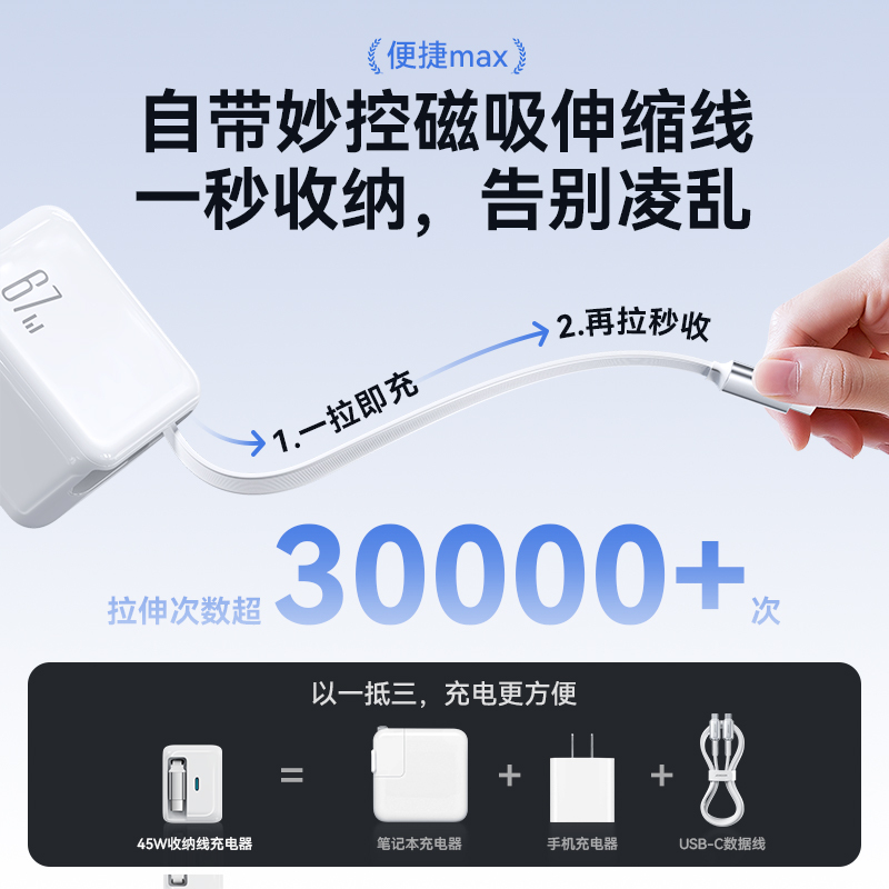 【国家3C认证】机乐堂伸缩线充电器67W氮化镓适用苹果16ProMax华为自带线抽拉式pd快充ipad便携typec笔记本插