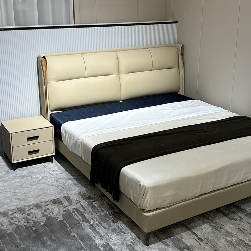 Modern Minimalist Beige Upholstered Bed,Bespoke Minimalist Upholstered Bed & Nightstand | Custom Luxury Bedroom