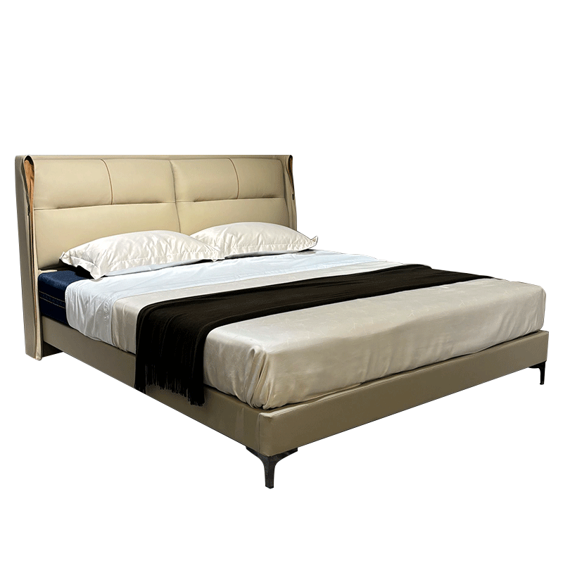 Modern Minimalist Beige Upholstered Bed,Bespoke Minimalist Upholstered Bed & Nightstand | Custom Luxury Bedroom