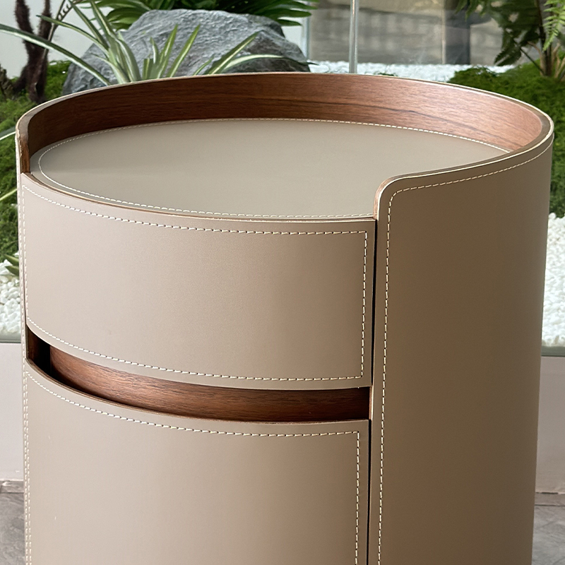 Round Beige Leather Nightstand with Wooden Edges,Round Beige Leather Nightstand with Wooden Edges