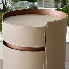 Round Beige Leather Nightstand with Wooden Edges,Round Beige Leather Nightstand with Wooden Edges