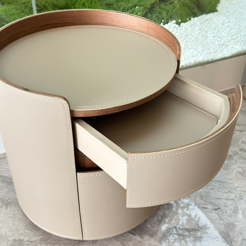 Round Beige Leather Nightstand with Wooden Edges,Round Beige Leather Nightstand with Wooden Edges