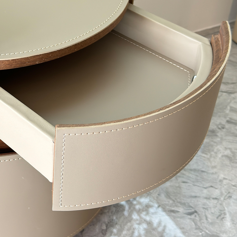 Round Beige Leather Nightstand with Wooden Edges,Round Beige Leather Nightstand with Wooden Edges
