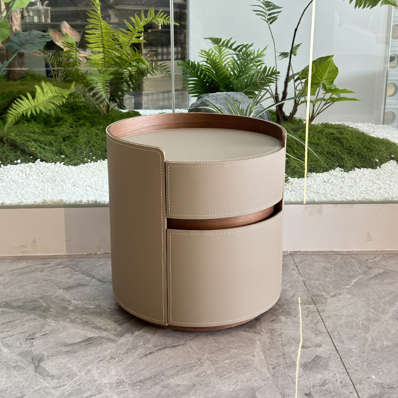 Round Beige Leather Nightstand with Wooden Edges,Round Beige Leather Nightstand with Wooden Edges