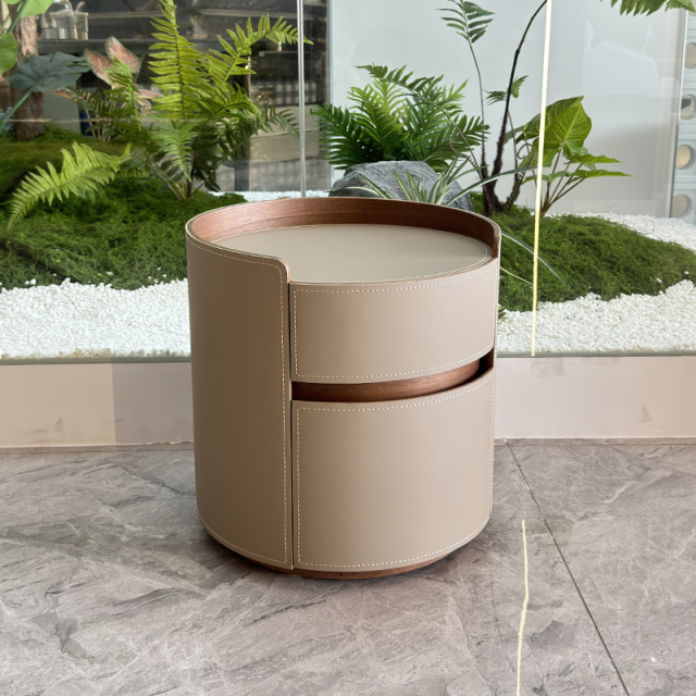 Round Beige Leather Nightstand with Wooden Edges,Round Beige Leather Nightstand with Wooden Edges