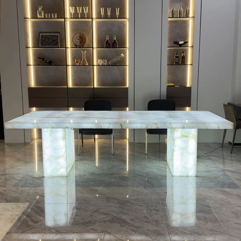 Modern Glass Top Dining Table with LED Base,Enchanted LED Dining Table | Luminous Marble Glass Top for Dreamy Gatherings