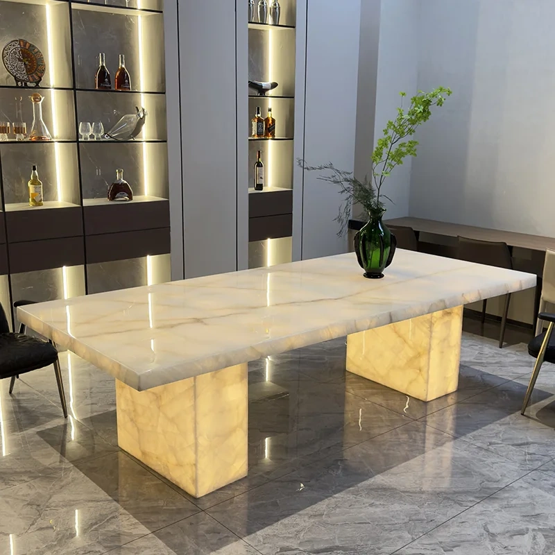 Modern Glass Top Dining Table with LED Base,Enchanted LED Dining Table | Luminous Marble Glass Top for Dreamy Gatherings