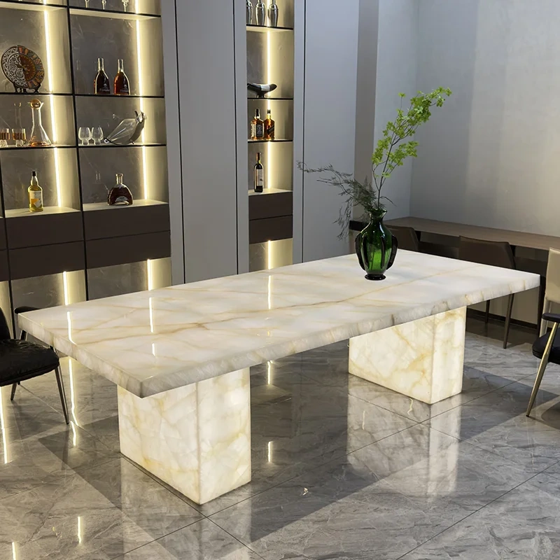 Modern Glass Top Dining Table with LED Base,Enchanted LED Dining Table | Luminous Marble Glass Top for Dreamy Gatherings