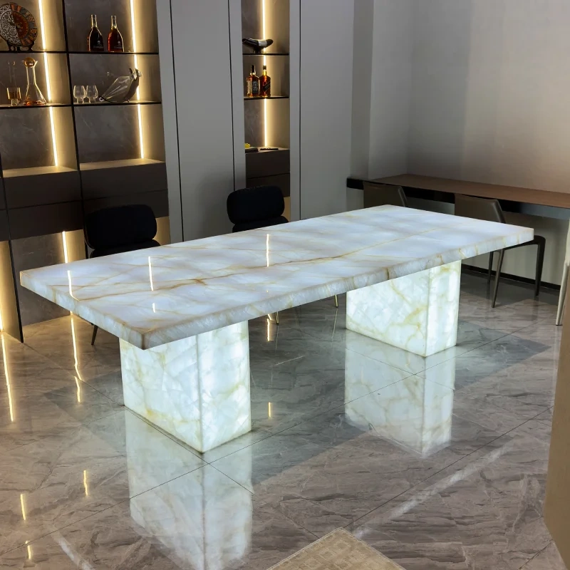 Modern Glass Top Dining Table with LED Base,Enchanted LED Dining Table | Luminous Marble Glass Top for Dreamy Gatherings