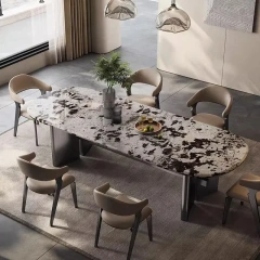 Luxurious Marble Oval Dining Table with Metal Stand,Dreamlike Marble Oval Dining Table | Timeless Elegance with Metal Accent