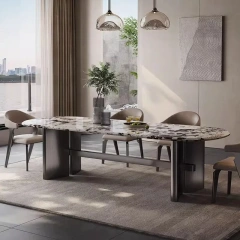 Luxurious Marble Oval Dining Table with Metal Stand,Dreamlike Marble Oval Dining Table | Timeless Elegance with Metal Accent
