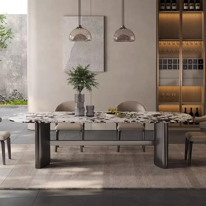 Luxurious Marble Oval Dining Table with Metal Stand,Dreamlike Marble Oval Dining Table | Timeless Elegance with Metal Accent