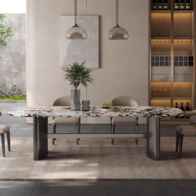 Luxurious Marble Oval Dining Table with Metal Stand,Dreamlike Marble Oval Dining Table | Timeless Elegance with Metal Accent