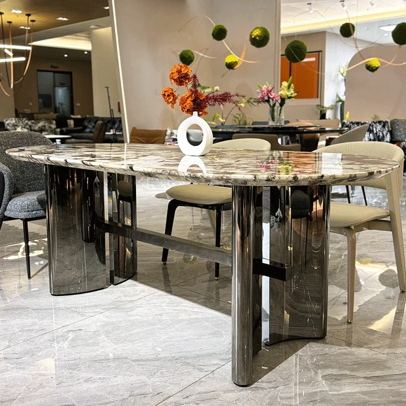 Luxurious Marble Oval Dining Table with Metal Stand,Dreamlike Marble Oval Dining Table | Timeless Elegance with Metal Accent