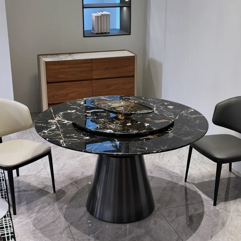 Luxurious Black Marble Round Dining Table with Central Base,Enchanting Black Marble Round Dining Table | Central Base Elegance | Custom Luxury