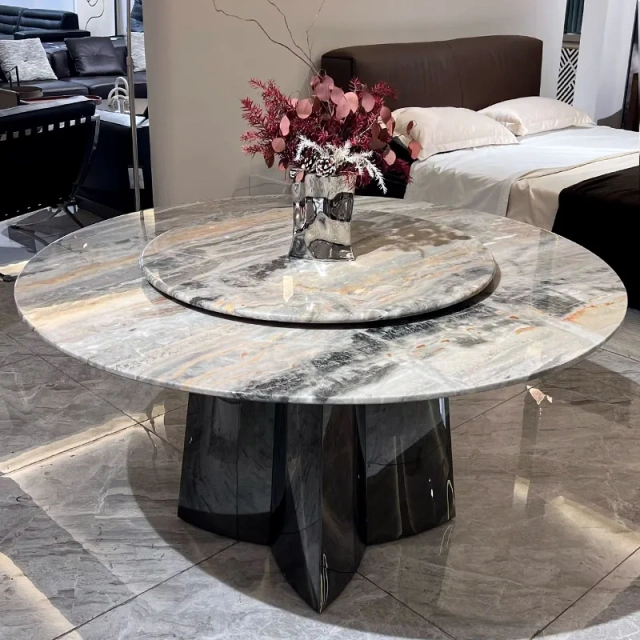 Elegant Marble Round Dining Table with Black Base,Elegant Marble Round Dining Table with Black Base