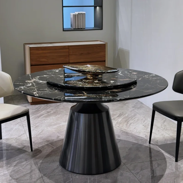 Luxurious Black Marble Round Dining Table with Central Base,Enchanting Black Marble Round Dining Table | Central Base Elegance | Custom Luxury
