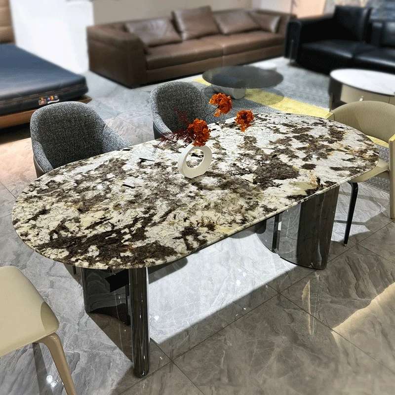 Luxurious Marble Oval Dining Table with Metal Stand,Dreamlike Marble Oval Dining Table | Timeless Elegance with Metal Accent