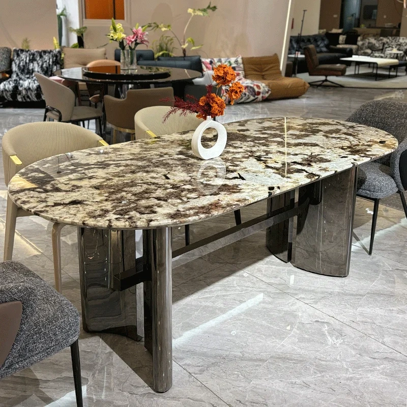 Luxurious Marble Oval Dining Table with Metal Stand,Dreamlike Marble Oval Dining Table | Timeless Elegance with Metal Accent