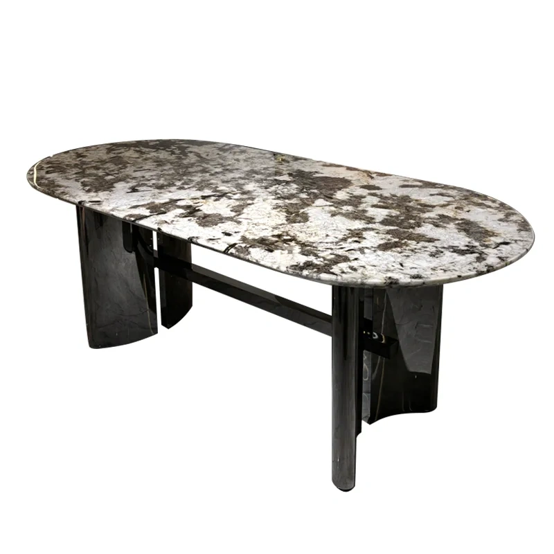 Luxurious Marble Oval Dining Table with Metal Stand,Dreamlike Marble Oval Dining Table | Timeless Elegance with Metal Accent