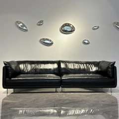 Sleek Black Leather Sofa with Chrome Legs,Sleek Black Leather Sofa with Chrome Legs
