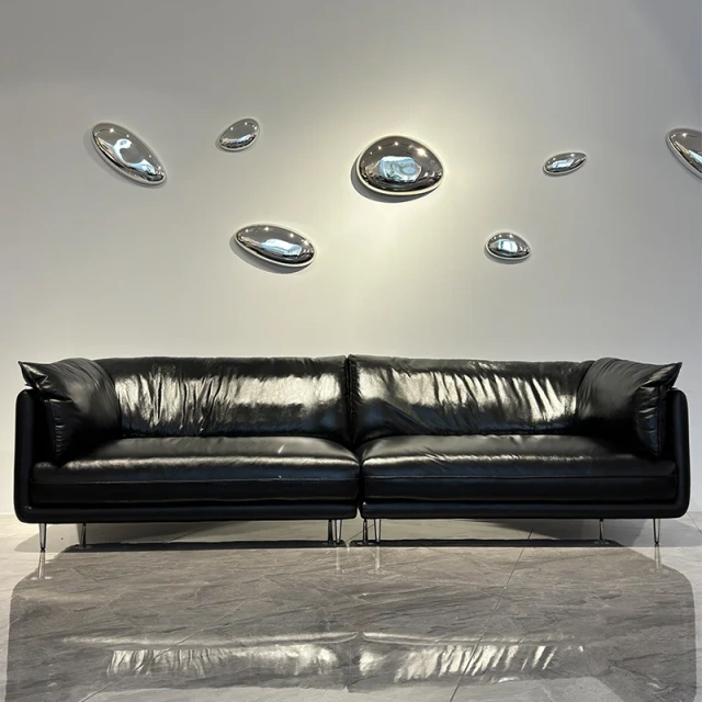 Sleek Black Leather Sofa with Chrome Legs,Sleek Black Leather Sofa with Chrome Legs