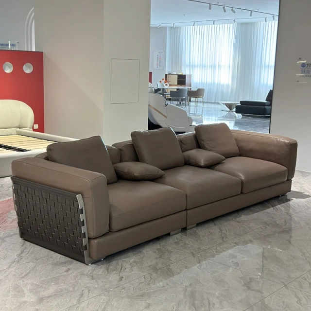 Modern Taupe Leather Sofa with Woven Accents,Modern Taupe Leather Sofa with Woven Accents