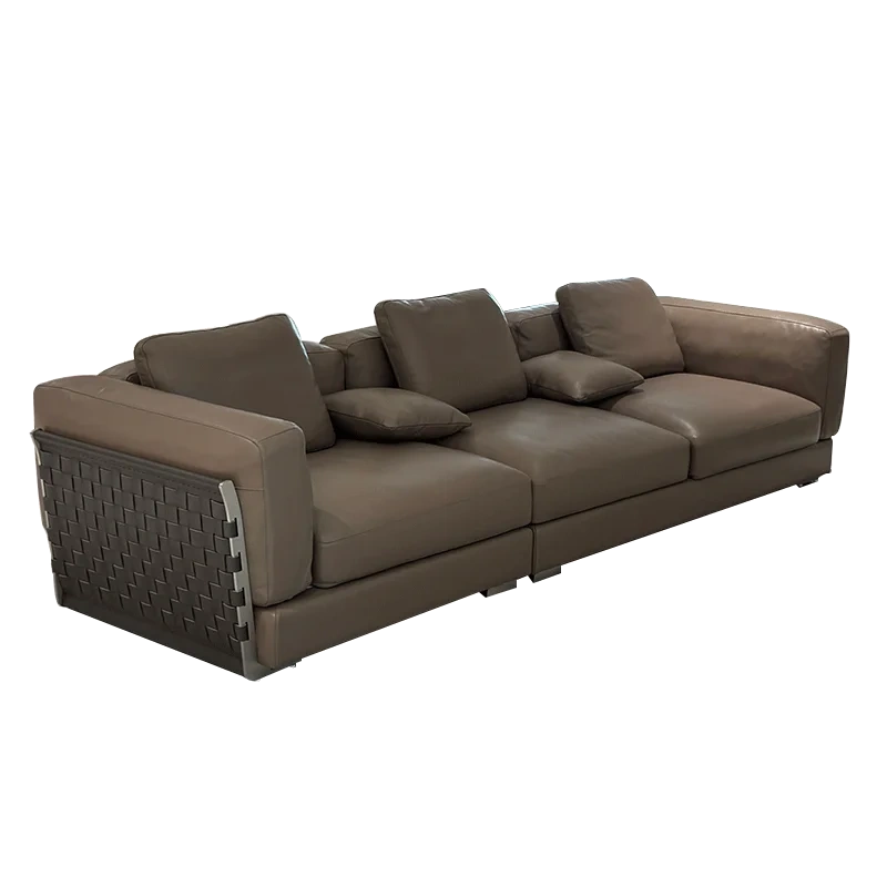 Modern Taupe Leather Sofa with Woven Accents,Modern Taupe Leather Sofa with Woven Accents