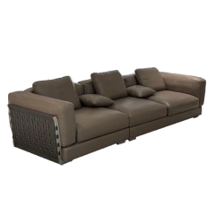 Modern Taupe Leather Sofa with Woven Accents,Modern Taupe Leather Sofa with Woven Accents