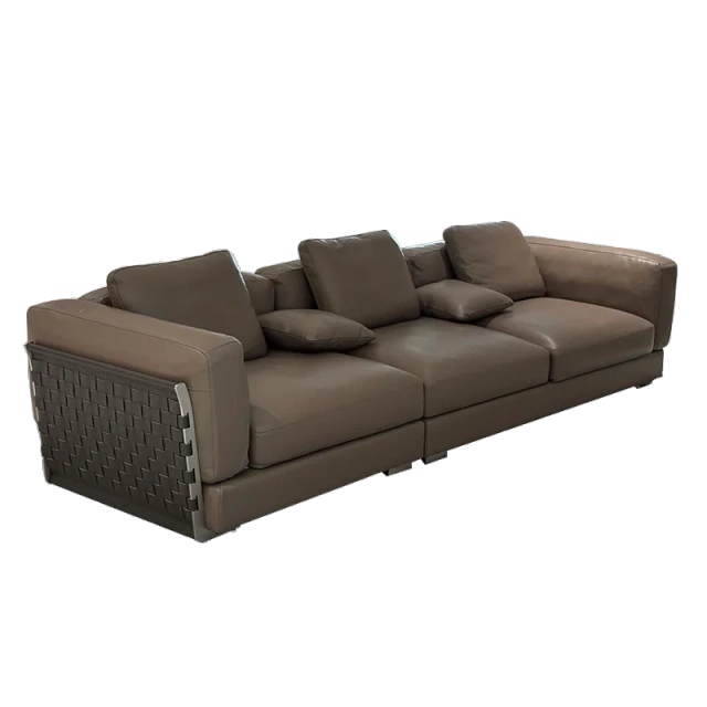 Modern Taupe Leather Sofa with Woven Accents,Modern Taupe Leather Sofa with Woven Accents