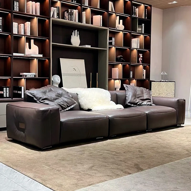 Chic Brown Leather L-Shaped Sofa with Plush Backrests,Chic Brown Leather L-Shaped Sofa with Plush Backrests