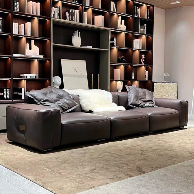 Chic Brown Leather L-Shaped Sofa with Plush Backrests,Chic Brown Leather L-Shaped Sofa with Plush Backrests