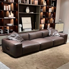 Chic Brown Leather L-Shaped Sofa with Plush Backrests,Chic Brown Leather L-Shaped Sofa with Plush Backrests