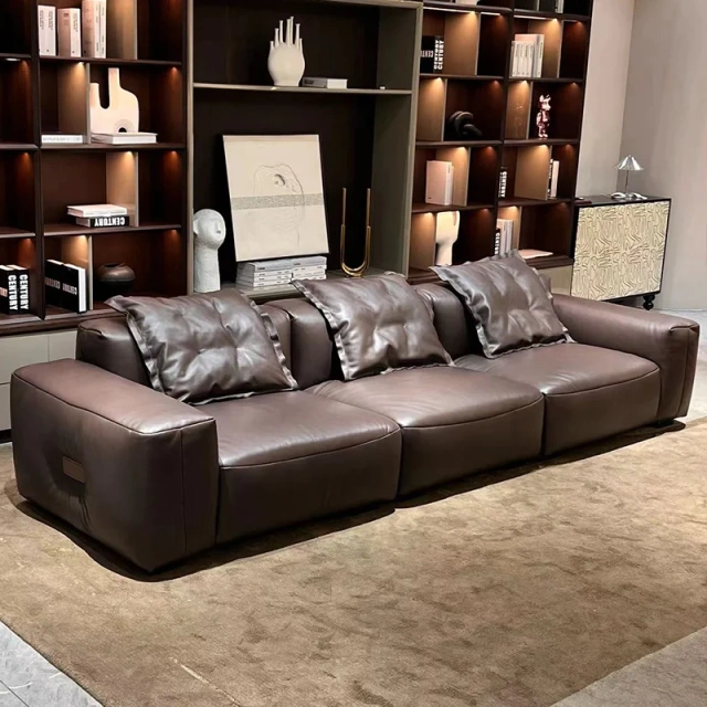 Chic Brown Leather L-Shaped Sofa with Plush Backrests,Chic Brown Leather L-Shaped Sofa with Plush Backrests