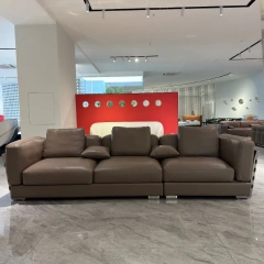 Modern Taupe Leather Sofa with Woven Accents,Modern Taupe Leather Sofa with Woven Accents
