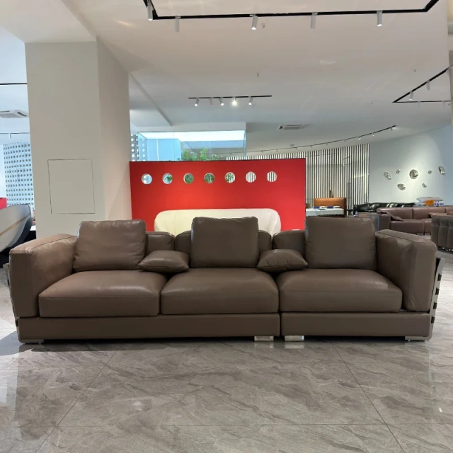 Modern Taupe Leather Sofa with Woven Accents,Modern Taupe Leather Sofa with Woven Accents