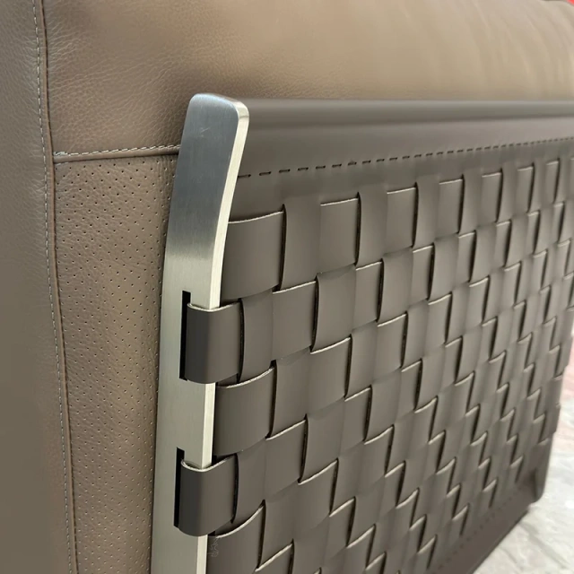 Modern Taupe Leather Sofa with Woven Accents,Modern Taupe Leather Sofa with Woven Accents