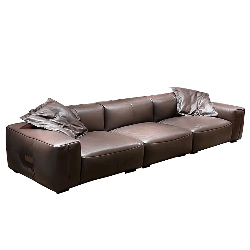 Chic Brown Leather L-Shaped Sofa with Plush Backrests,Chic Brown Leather L-Shaped Sofa with Plush Backrests
