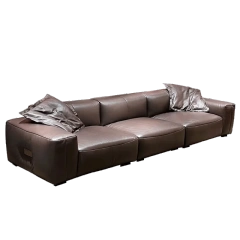 Chic Brown Leather L-Shaped Sofa with Plush Backrests,Chic Brown Leather L-Shaped Sofa with Plush Backrests