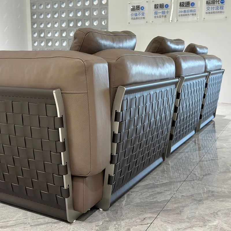 Modern Taupe Leather Sofa with Woven Accents,Modern Taupe Leather Sofa with Woven Accents