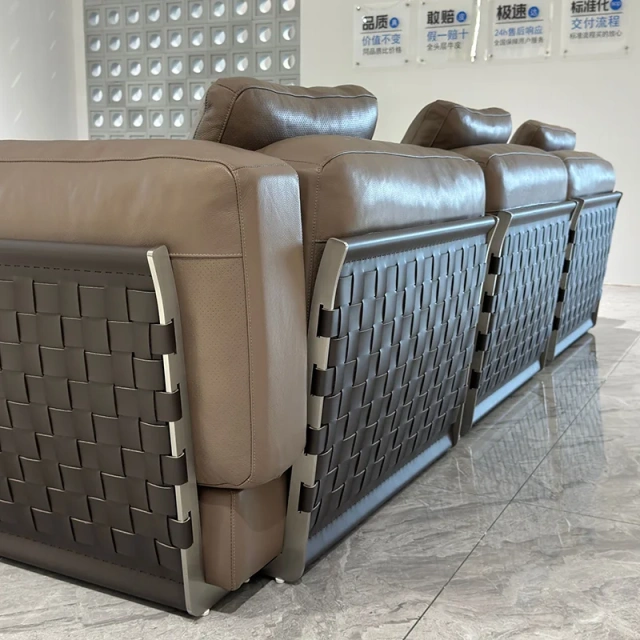 Modern Taupe Leather Sofa with Woven Accents,Modern Taupe Leather Sofa with Woven Accents