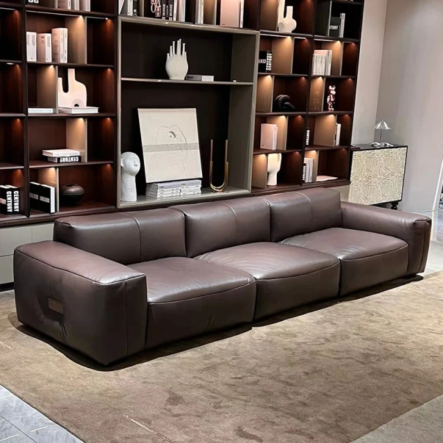 Chic Brown Leather L-Shaped Sofa with Plush Backrests,Chic Brown Leather L-Shaped Sofa with Plush Backrests