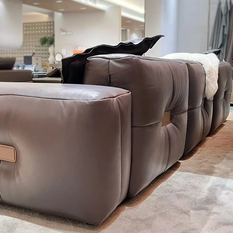 Chic Brown Leather L-Shaped Sofa with Plush Backrests,Chic Brown Leather L-Shaped Sofa with Plush Backrests