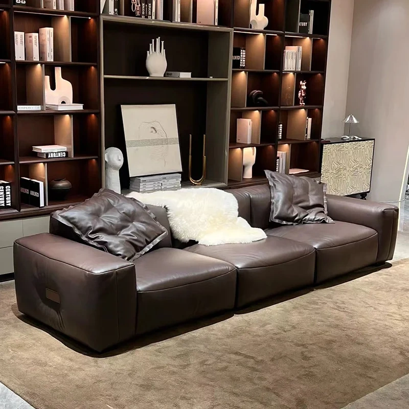 Chic Brown Leather L-Shaped Sofa with Plush Backrests,Chic Brown Leather L-Shaped Sofa with Plush Backrests