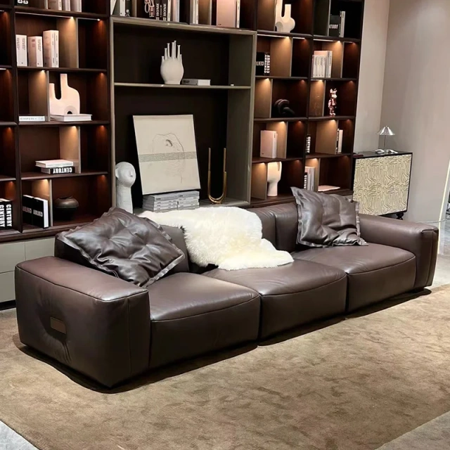 Chic Brown Leather L-Shaped Sofa with Plush Backrests,Chic Brown Leather L-Shaped Sofa with Plush Backrests